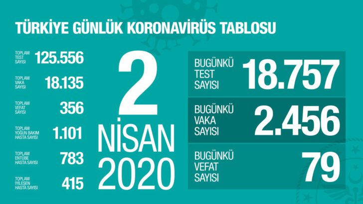 2 Nisan 2020 Koronavirüs Tablosu Türkiye