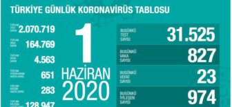 01 Haziran 2020 Türkiye Koronavirüs Tablosu
