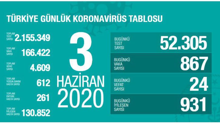 03 Haziran 2020 Türkiye Koronavirüs Tablosu