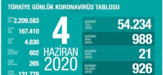 04 Haziran 2020 Türkiye Koronavirüs Tablosu