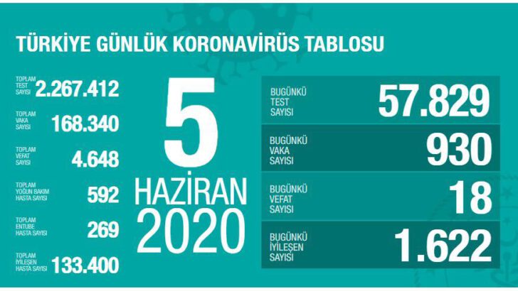 05 Haziran 2020 Türkiye Koronavirüs Tablosu