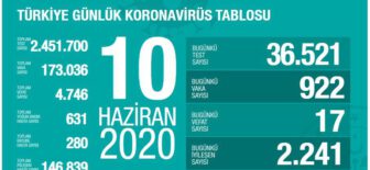 10 Haziran 2020 Türkiye Koronavirüs Tablosu