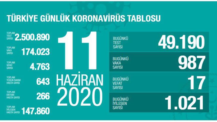 11 Haziran 2020 Türkiye Koronavirüs Tablosu