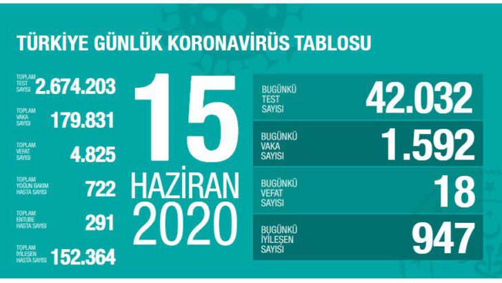 15 Haziran 2020 Türkiye Koronavirüs Tablosu