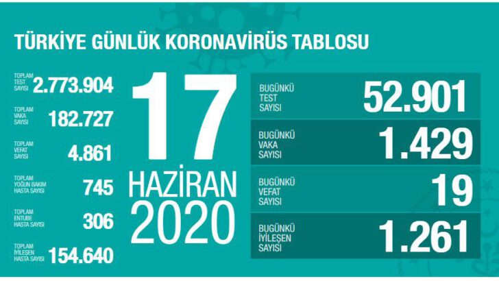 17 Haziran 2020 Türkiye Koronavirüs Tablosu