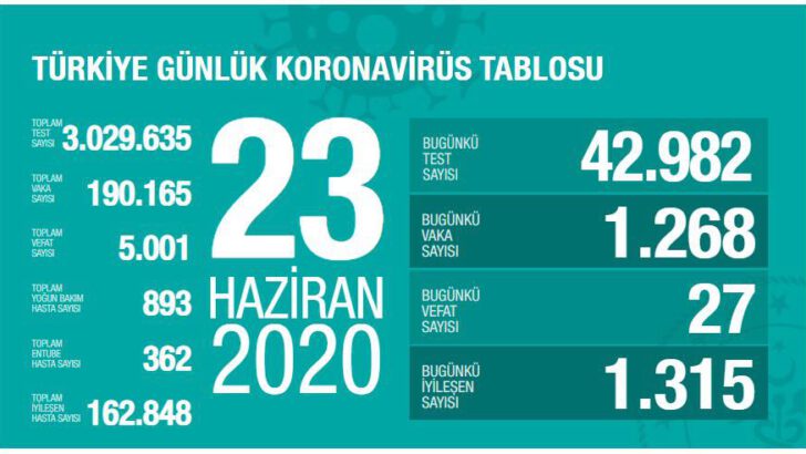 23 Haziran 2020 Türkiye Koronavirüs Tablosu