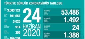 24 Haziran 2020 Türkiye Koronavirüs Tablosu