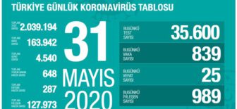 31 Mayıs 2020 Türkiye Koronavirüs Tablosu