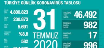 31 Temmuz 2020 Türkiye Koronavirüs Tablosu
