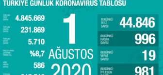 01 Ağustos 2020 Koronavirüs Tablosu