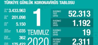 01 Temmuz 2020 Türkiye Koronavirüs Tablosu