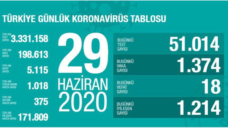 29 Haziran 2020 Türkiye Koronavirüs Tablosu